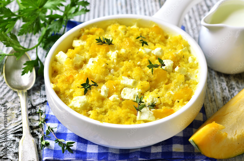 Spicy millet casserole with pumpkin and feta. Spicy millet casserole with pumpkin and feta.