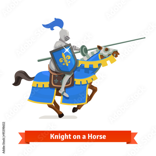 Armoured medieval knight riding on a horse