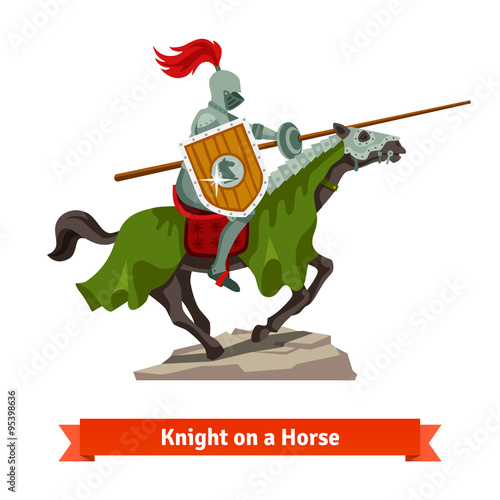 Armoured medieval knight riding on a horse