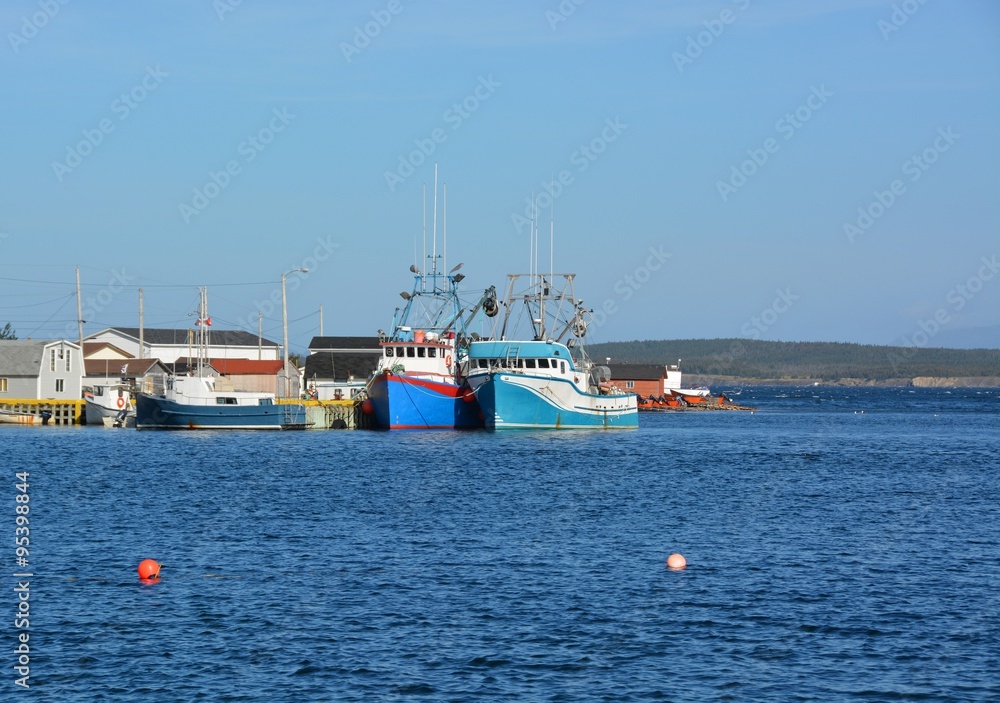 group of fishing vessels anchored at the pier at Frenchman's Cove, Newfoundland Canada