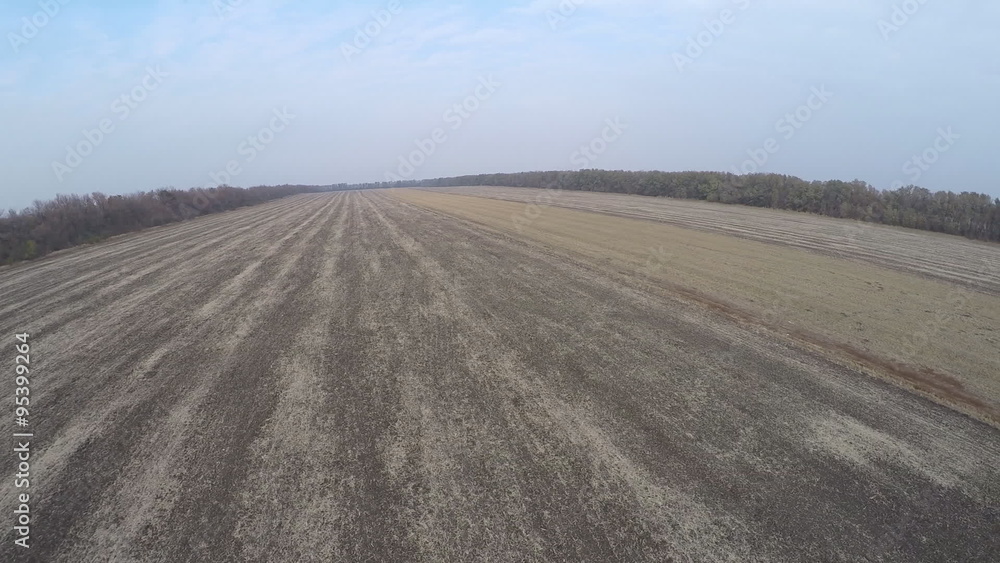 Drone flying slowly over autumn field. Drone flying slowly over autumn field.
