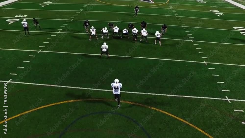 A football player punts the ball during a game, view from above
A football player punts the ball during a game, view from above
