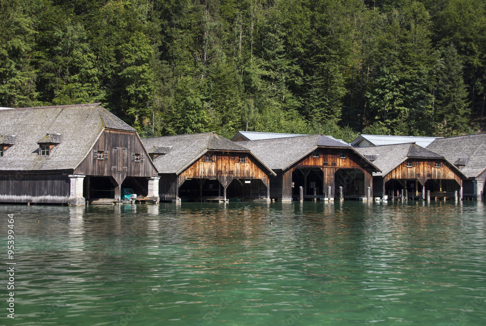 Boathouses at the Koenigssee lake close to Berchtesgaden, Germany, 2015