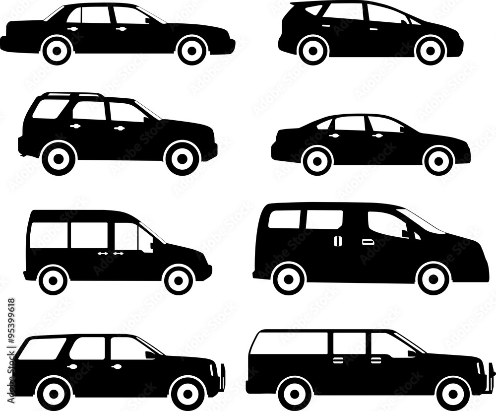Set of different silhouettes cars isolated on white background. Vector illustration