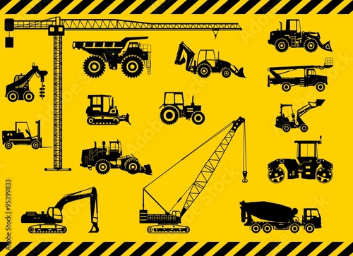 Set of heavy construction machines icons. Vector illustration.