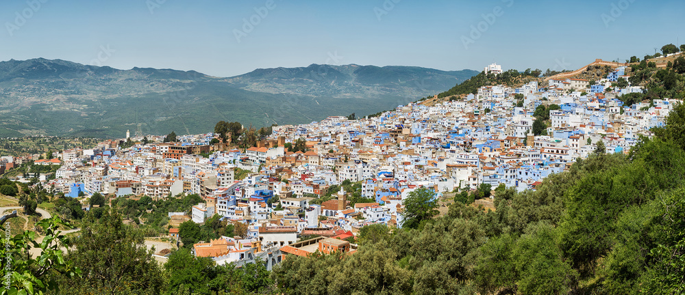 Panorama from the scenic blue city Chefchaouen in Morocco.