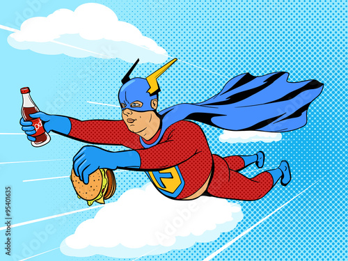 Superhero fat man and burger comic book vector
