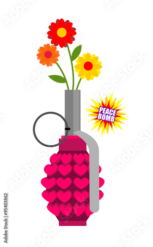 Hand grenade with hearts. Army equipment. Pink military ordnance