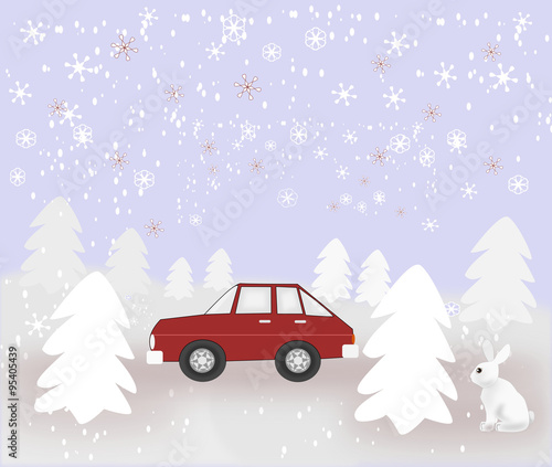 Car and Rabbit in Snowy Weather  