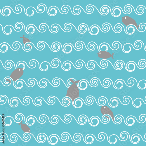 Fish waves seamless pattern. Sea dwellers dive in sea. Ocean wit