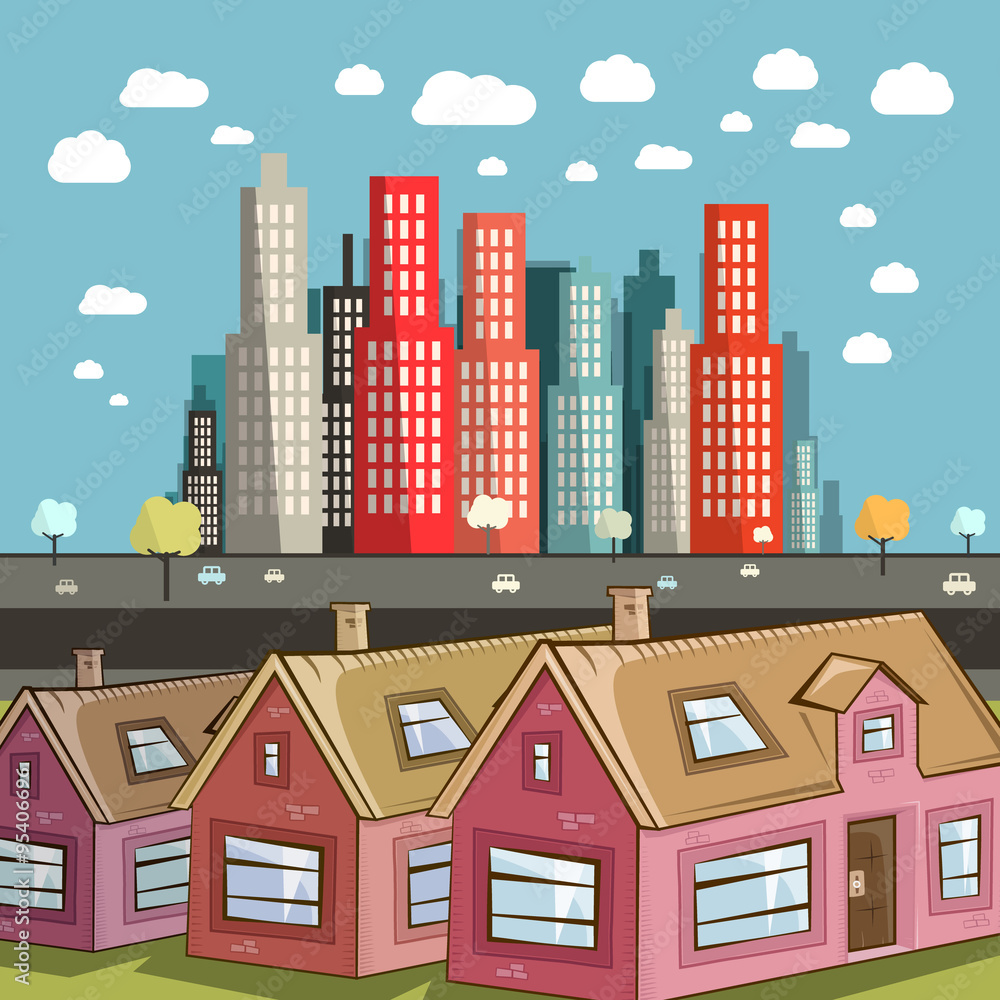 Flat Design City Vector Illustration with Houses