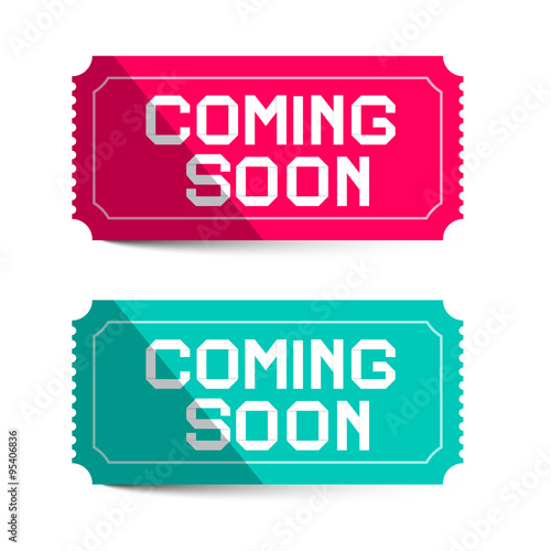Coming Soon Pink and Blue Paper Tickets Isolated on White Background - Vector