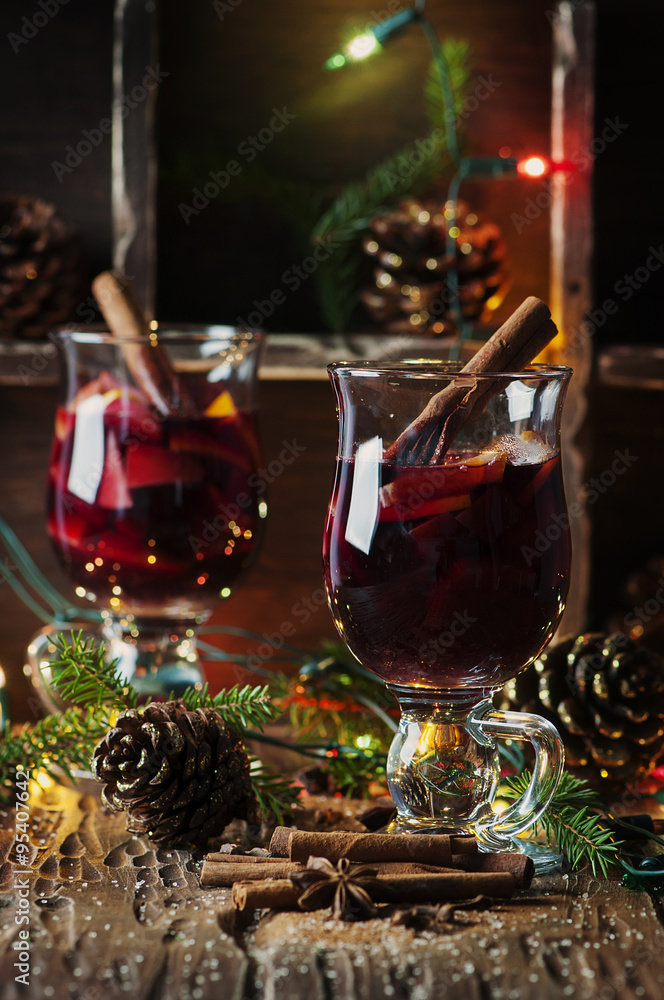 Traditional winter mulled wine and christmas ornament