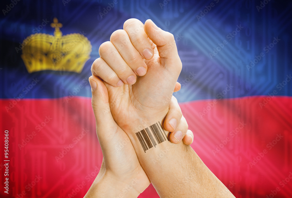Barcode ID number on wrist and national flag on background - Liechtenstein