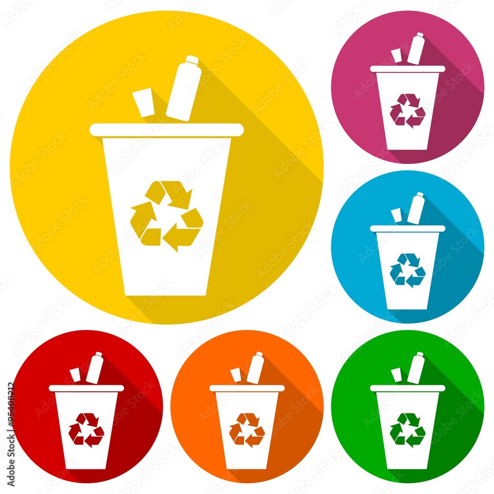 Fototapeta premium Vector Set Recycle Bins for Trash and Garbage icons set with long shadow