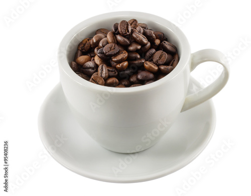 cup with coffee beans isolated on white background