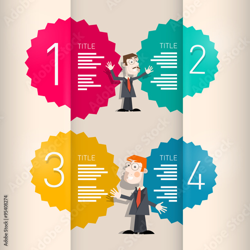 One, Two, Three, Four, Retro Vector Paper Progress Steps for Tutorial, Infographics with Men - Businessmen or Teachers