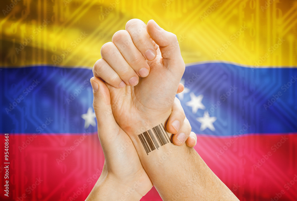 Barcode ID number on wrist and national flag on background - Venezuela