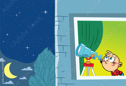 The illustration shows a young astronomer who observes from the window of the stars through a telescope