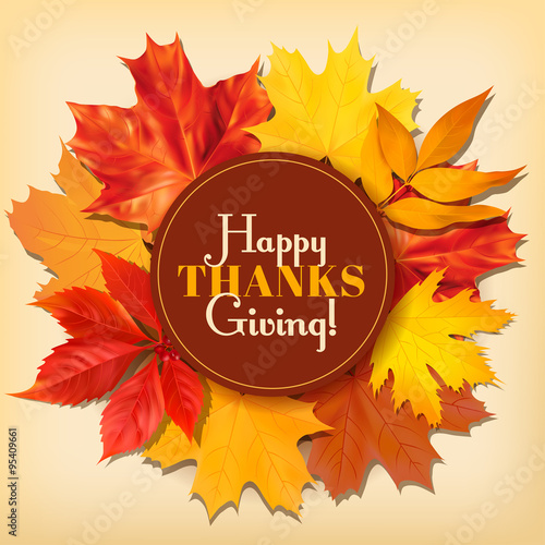Thanksgiving Day greeting card with autumn leaves. Vector illustration.
