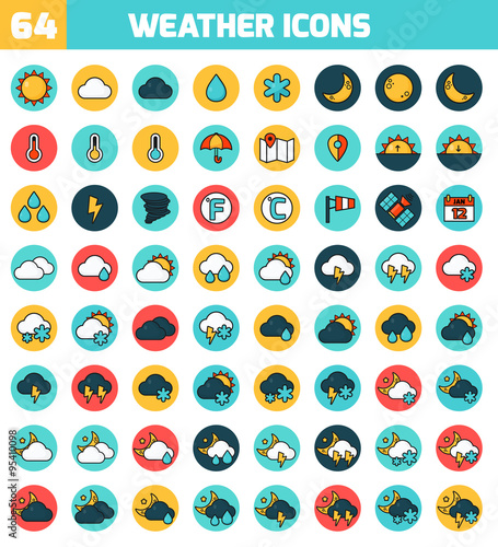 Set of colorful flat icons about the weather. 