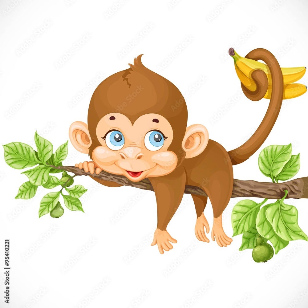 Naklejka premium cute monkey lazily lying on a branch and holds the tail of banan