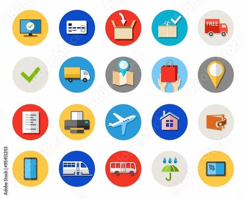 Tickets and online purchases, delivery, payment, colored icons. 