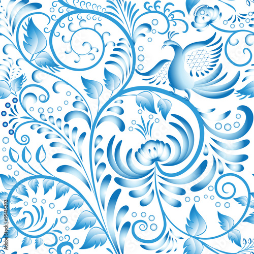 Seamless floral pattern. Blue painted in gzhel style with flowers and birds. Stylization Chinese porcelain ornament.