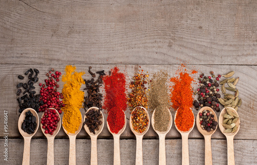 Collection of spices on spoons, on wooden background