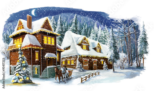 Christmas winter happy scene with wooden house in the mountains - forest - illustration for the children
