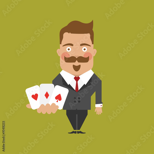 Man character magician hold pocker playing cards 