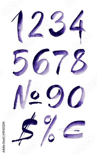 Watercolor hand written purple numbers. Vector illustration
