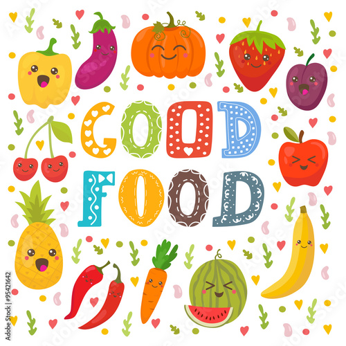 Good food. Cute happy fruits and vegetables in vector. Healthy f