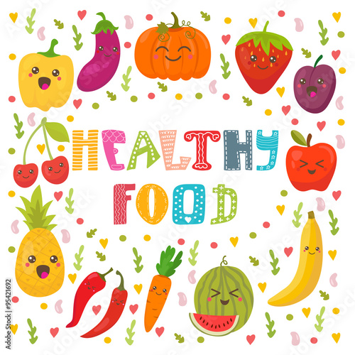 Healthy food concept card. Cute happy fruits and vegetables in v