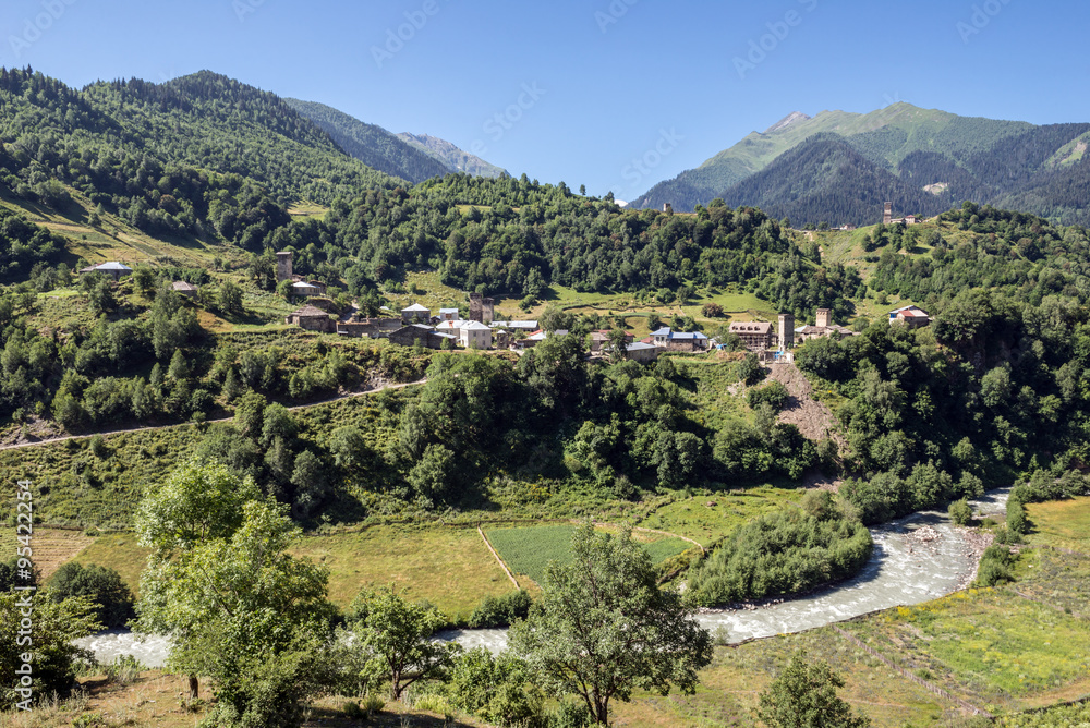 Nakipari town seen from road to villages community called Ushguli in Upper Svanetia region, Georgia