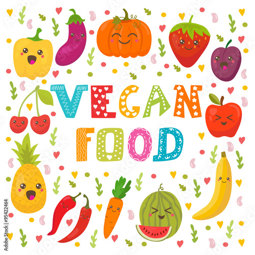 Vegan food. Cute happy fruits and vegetables in vector. Healthy