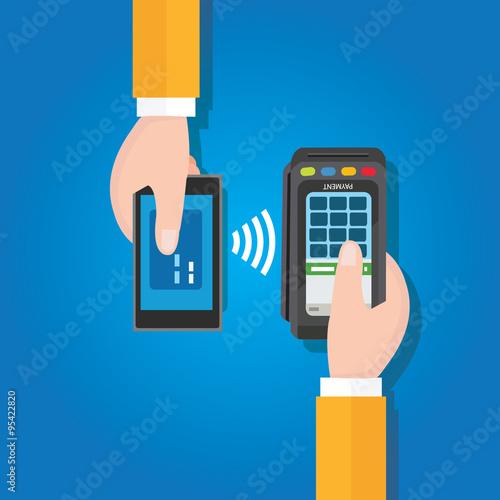 NFC near field communication mobile payment man holding smart phone cashier with edc terminal in hand flat vector