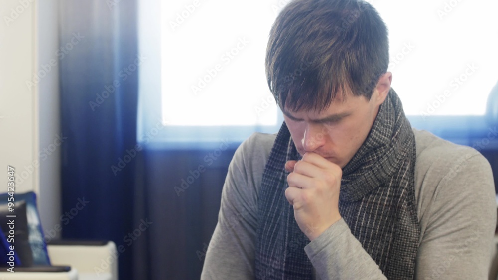 Sick man coughing really hard. Static shot Sick man coughing really hard. Static shot