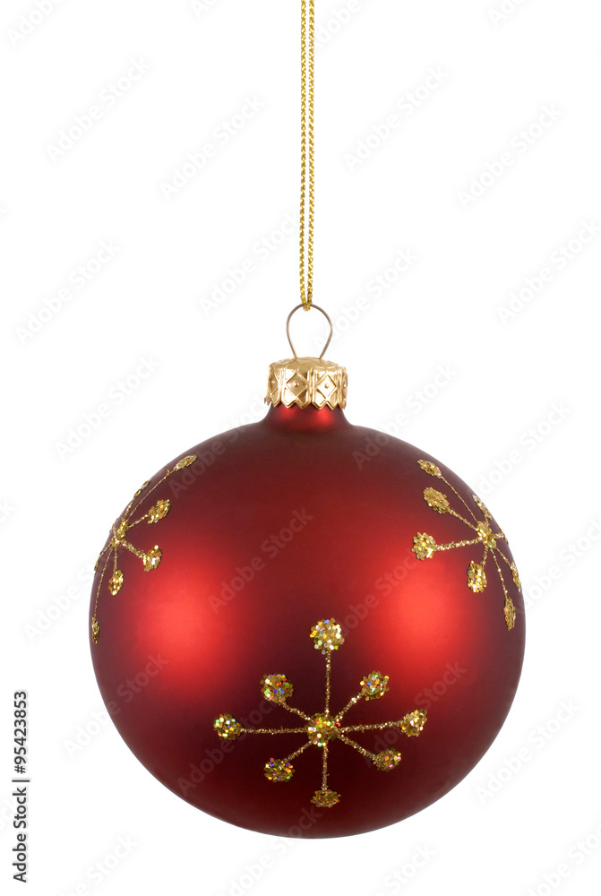 One single red christmas tree ball or bauble with star shape decoration hanging isolated on white background photo One single red christmas tree ball or bauble with star shape decoration hanging isolated on white background photo