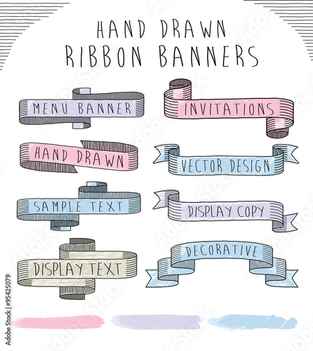 Hand drawn banner and ribbon vector design set