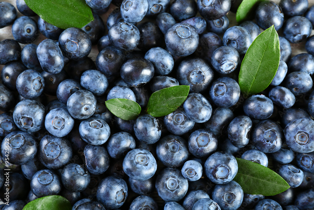 Fototapeta premium Tasty ripe blueberries with green leaves close up