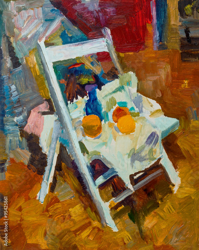 Beautiful Original Oil Painting with still life on the chair