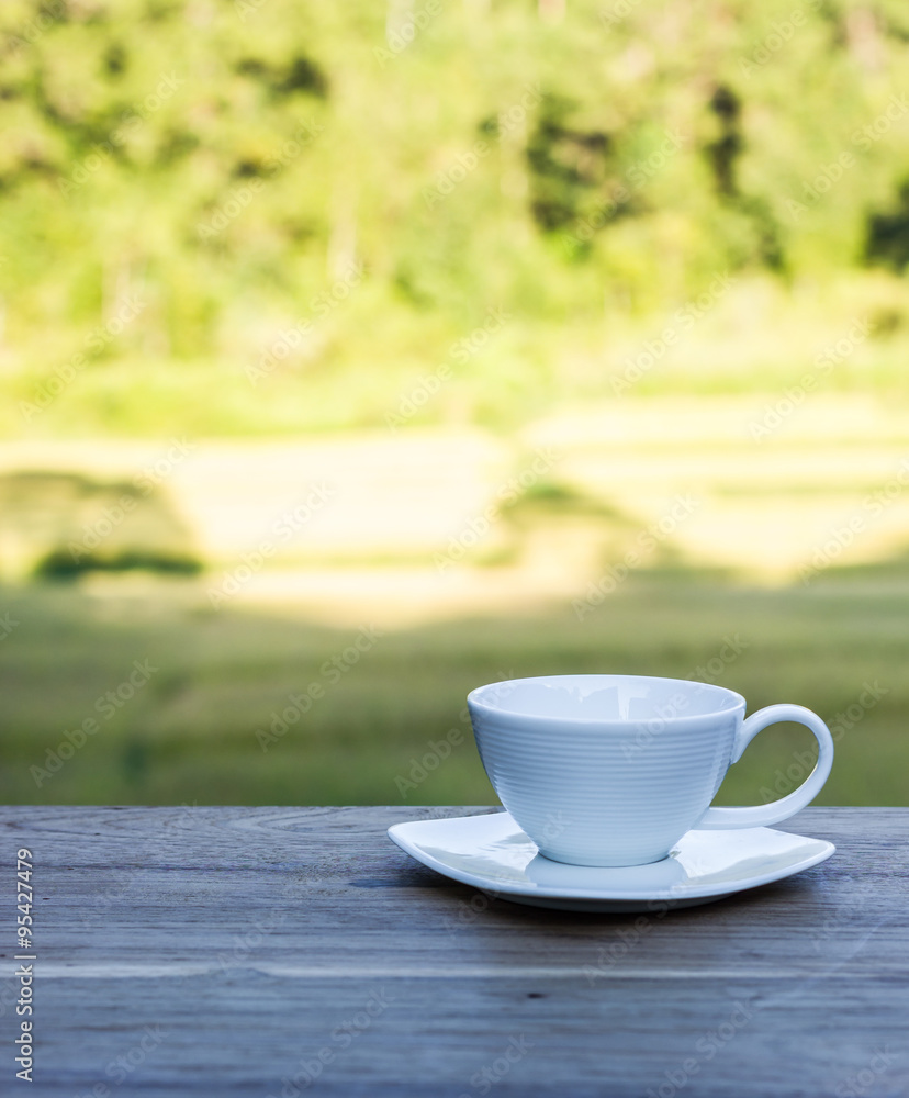 cup of morning coffee on natural outside background.