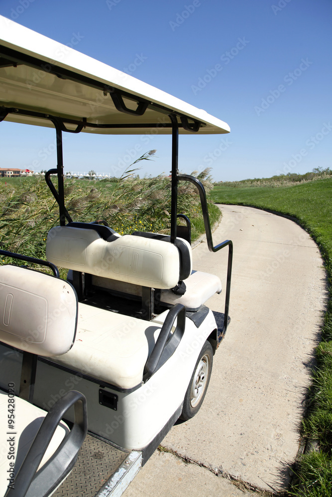 White golf carts at the green golf course