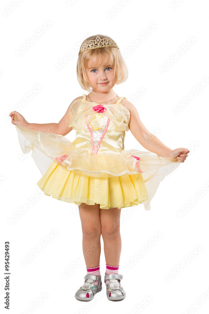 Little girl in a beautiful yellow dress and crown on white back Little girl in a beautiful yellow dress and crown on white back