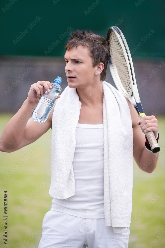 Caucasian Handsome Tennis Player Having Water Brake. Posing with Stock  Photo | Adobe Stock