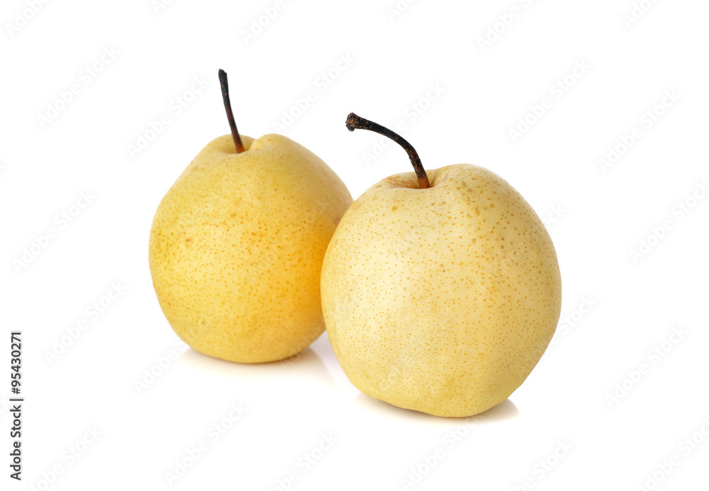 Chinese pear or Nashi pear with stem on white background Chinese pear or Nashi pear with stem on white background
