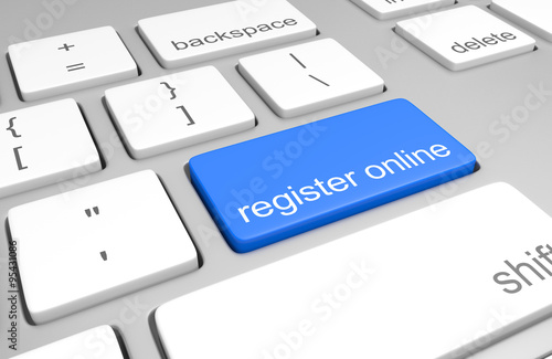 Register online key on a computer keyboard for easy registration access photo