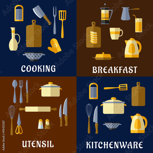 Cooking utensil and kitchenware flat icons