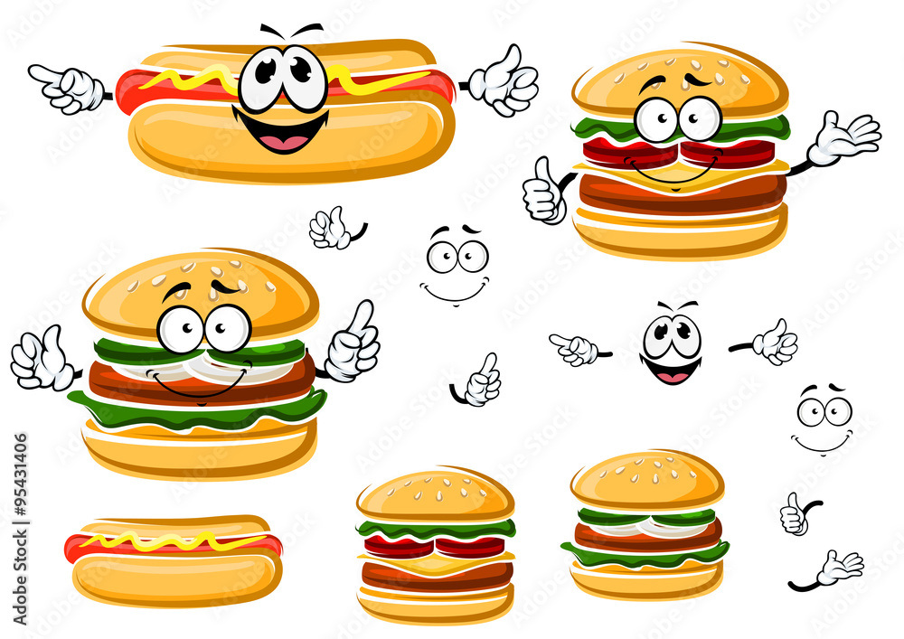 Happy hamburger, hot dog and cheeseburger Happy hamburger, hot dog and cheeseburger